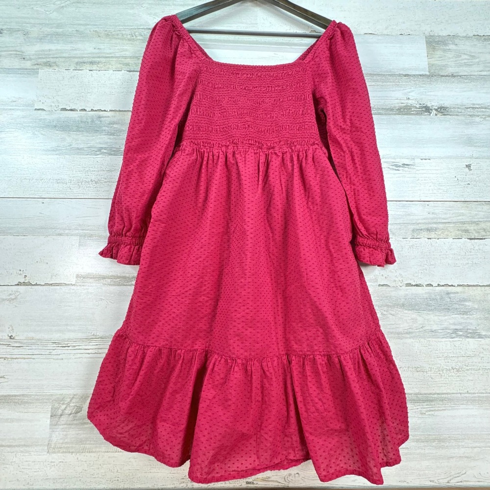 J.Crew Pink Clip Dot Smocked Square Neck Tiered Midi Dress S Pockets Babydoll